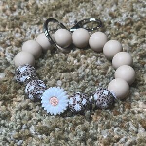 Sunflower Taupe, Brown, White Keychain Bracelet Wristlet Silicone Beaded Silver